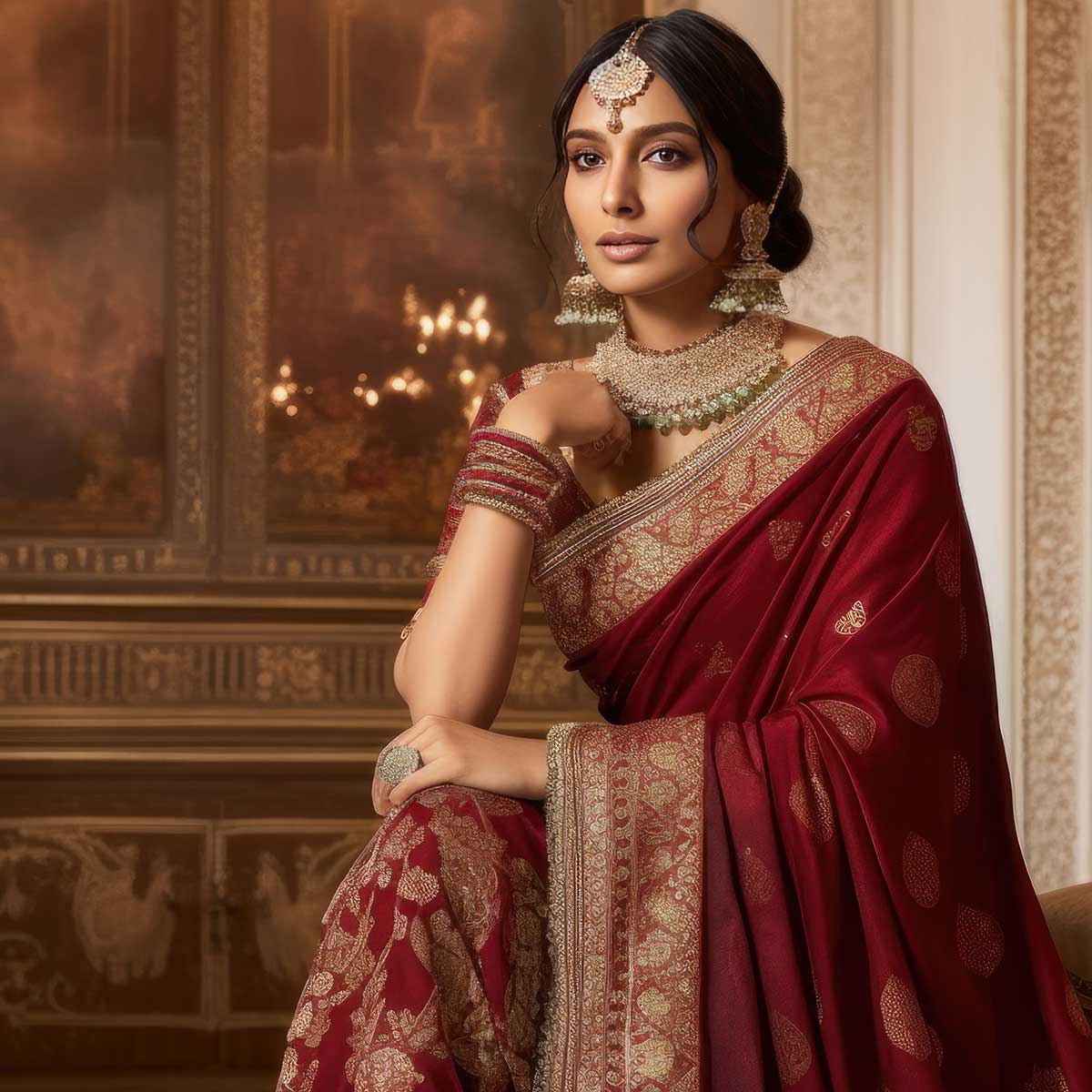 Glimmering Red Color Golden Zari Seqence Embordery Work Saree Manufacturers, Suppliers in South Africa