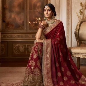 Glimmering Red Color Golden Zari Seqence Embordery Work Saree in Singapore